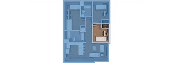 A blueprint of a house layout with a kitchen, living room, and bedrooms.
