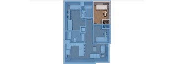 A blueprint of a house layout with a kitchen, living room, and bathroom.