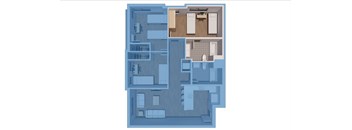 A blueprint of a house with a kitchen, living room, and two bedrooms.