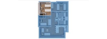 A blueprint of a house with a kitchen, living room, and bathroom.