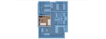 A blueprint of a house layout with a kitchen, living room, and bathrooms.