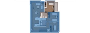 A blueprint of a house with a kitchen, living room, and two bedrooms.