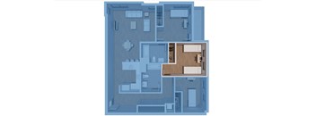 A blueprint of a house with a kitchen, living room, and bedrooms.