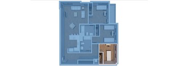 A blueprint of a house with multiple rooms and a kitchen area.