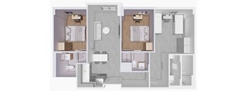 A floor plan of a house with two bedrooms, a living room, a kitchen, a bathroom, and a laundry area.