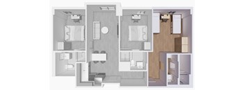 A floor plan of a house with a kitchen, living room, and two bedrooms.
