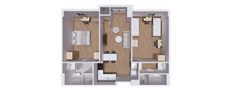 A 3D rendered image of a house layout.