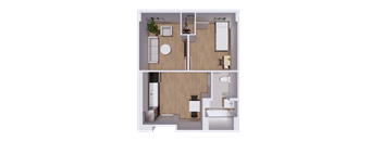 A top-down view of a small apartment with a kitchen and living room.