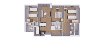 A 3D floor plan of a house with a kitchen, living room, and two bedrooms.