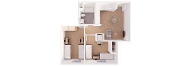 A floor plan of a house with a kitchen, living room, and two bathrooms.