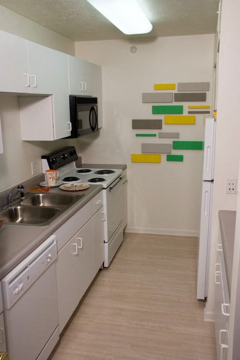 a kitchen with a stove and a sink and a refrigerator