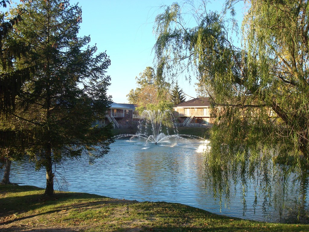 a fountain in a lake with a building in the background