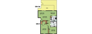 A floor plan of a living space with two bedrooms, a living area, a dining area, a kitchen, and a bathroom.