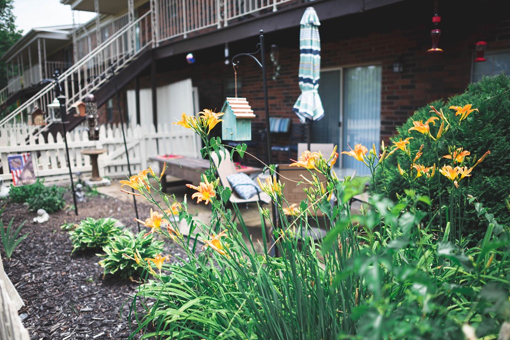 the front yard of a house with flowers and a bird feeder