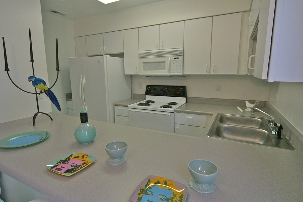 a view of a kitchen with white cabinets and appliances and a counter top with dishes