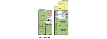 A diagram of a T3 1,540 square foot home with a first and second floor plan.