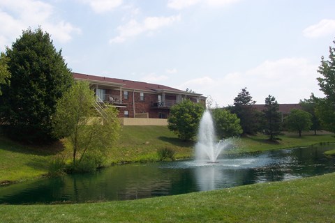 a fountain in the pond in front of a building