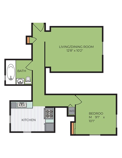A floor plan of a living/dining room, kitchen, and bedroom.