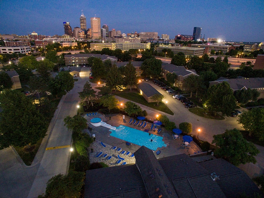 Lockefield Gardens downtown Indy view with large pool