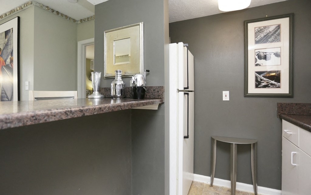 a kitchen with a counter top and a refrigerator and a sink
