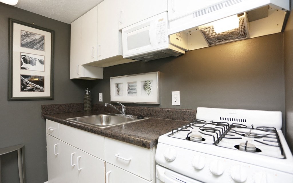 a kitchen with a stove and a sink and a microwave