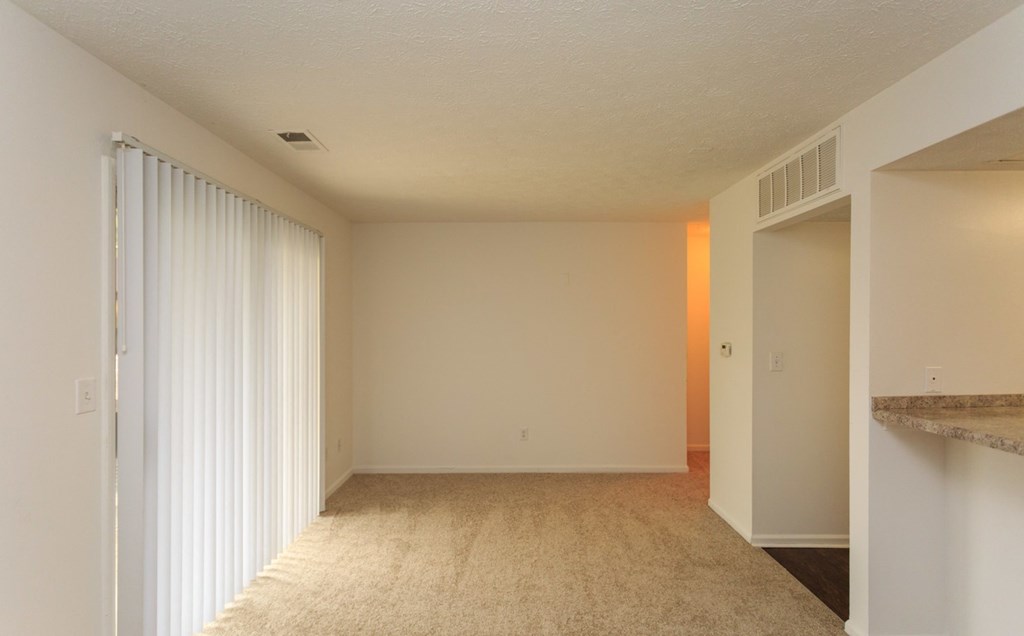 a spacious living room with white walls and a sliding glass door