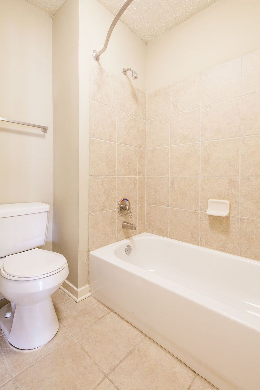 a bathroom with a toilet and a bath tub