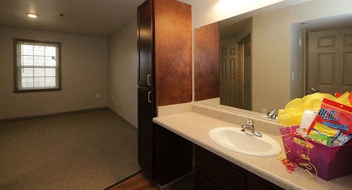a bathroom with a sink and a large mirror