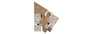A floor plan of a house with a kitchen, living room, and three bedrooms.