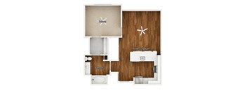 A floor plan of a house with a bedroom, kitchen, and bathroom.