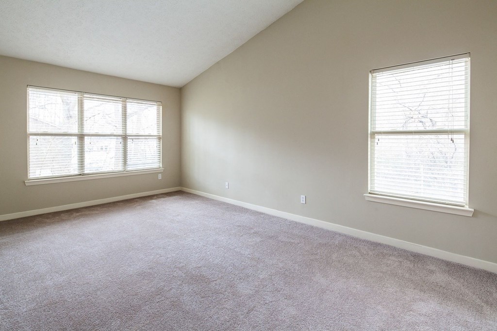 an empty living room with two windows and carpet