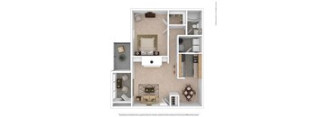 a stylized floor plan with a bedroom and living room