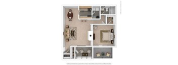 a stylized floor plan is shown with a bedroom and living room