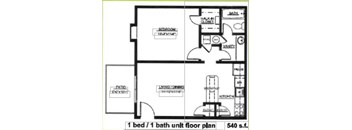 A floor plan of a 540 square feet bedroom with a bath.