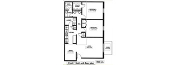 A 2 bedroom 1 bathroom unit floor plan.