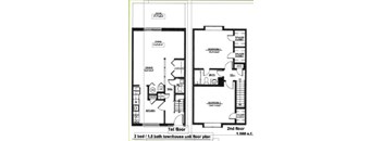A floor plan of a two bedroom, 1.5 bath townhouse.