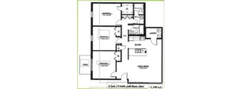 A black and white image of a 3 bedroom/2 bath unit floor plan.