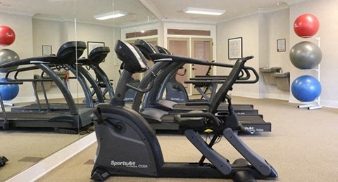 a gym with cardio equipment and exercise balls