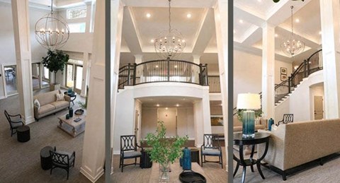 three different views of a living room with a staircase
