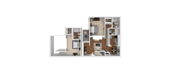 A floor plan of a two-story apartment with a kitchen, living room, and bedrooms.