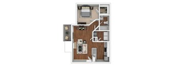 A floor plan of a house with a kitchen, living room, and two bedrooms.
