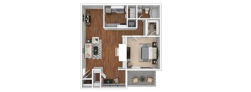 A floor plan of a small apartment with a kitchen, living room, and bedroom.