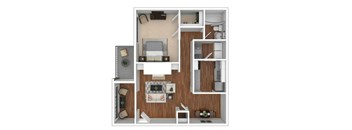 A top-down view of a small apartment with a living room, kitchen, and bedroom.