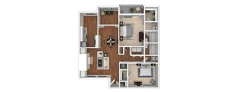 A floor plan of a house with a kitchen, living room, and two bedrooms.