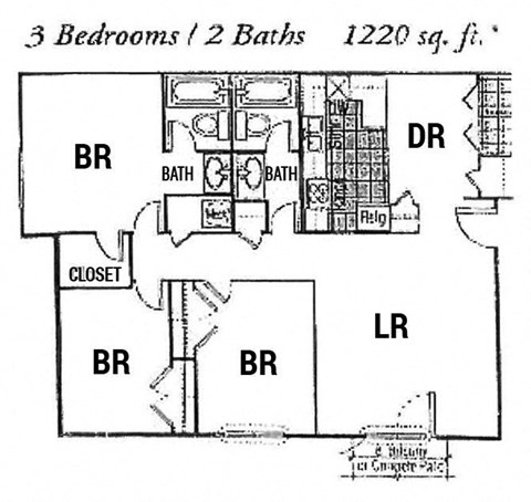 a floor plan of a house with baths and bedrooms