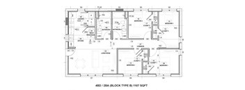 A floor plan of a 4 bedroom apartment with 2 bathrooms.