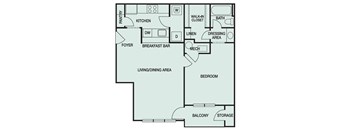 A floor plan of a house with a living area, bedroom, and storage.