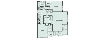 A floor plan of a house with a living area, two bedrooms, a kitchen, and a bathroom.