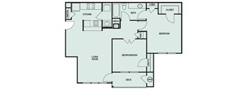 A floor plan of a house with a living room, kitchen, bath, and bedrooms.