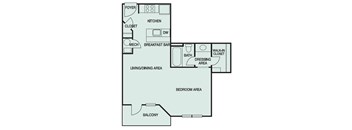 A floor plan of a home with a living area, dining area, kitchen, breakfast bar, bedroom area, balcony, and bathroom.